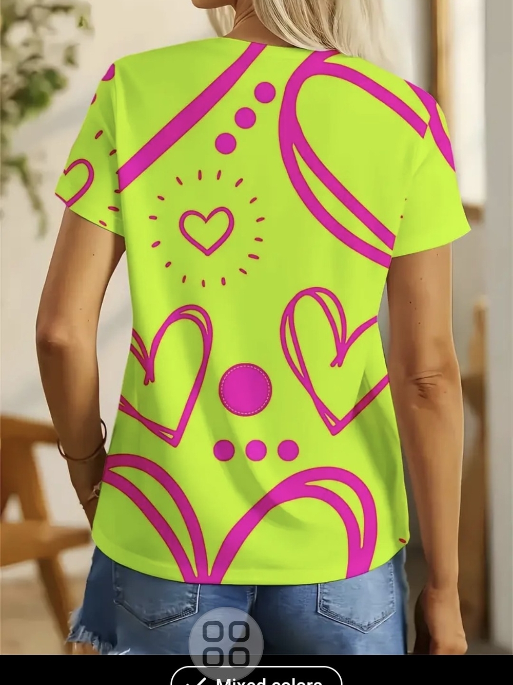 Neon Lime & Pink Heart Graphic Tee - Women